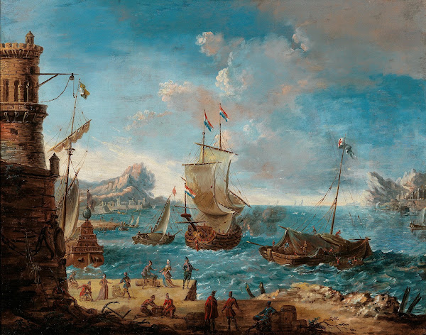 A coastal landscape with figures conversing on a harbour and ships beyond