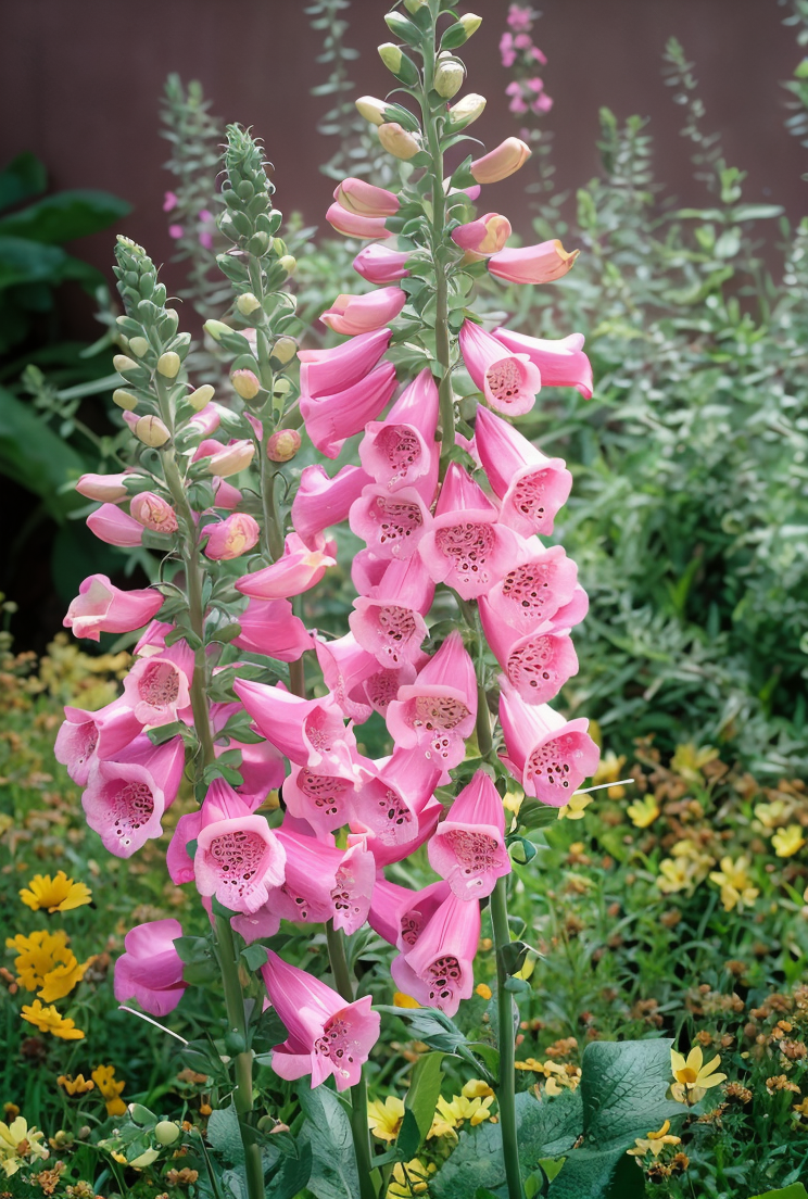 Digitalis purpurea spighe fiorite viola in un cottage garden