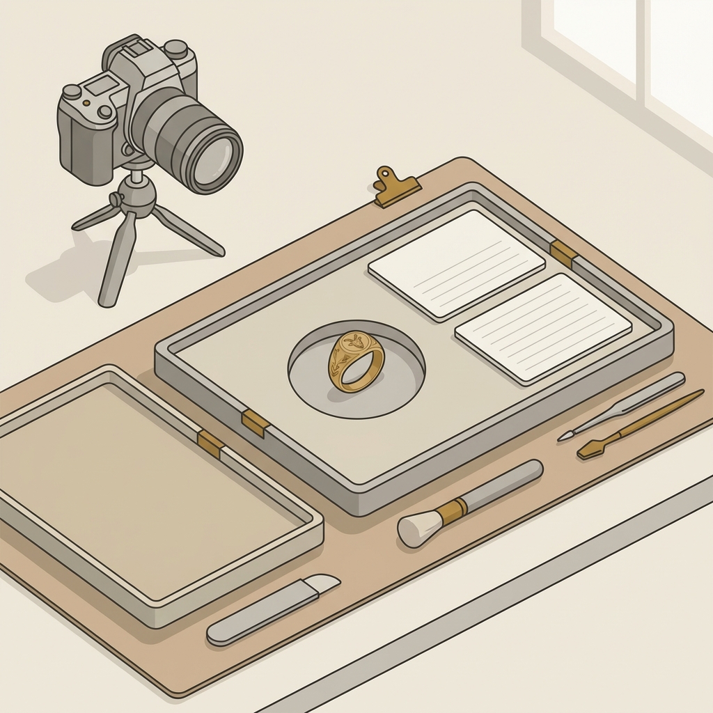 Minimal 2D vector of a conservator workspace showing a faun engraved ring on a soft tray with a camera and blank condition notes on a warm beige background