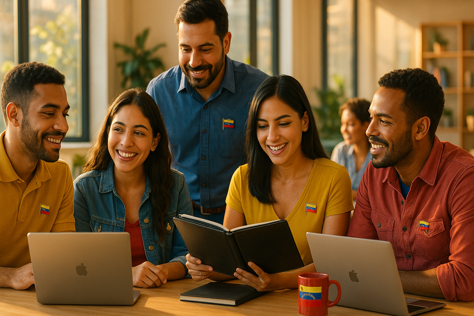 Venezolanos en un espacio de coworking compartiendo oportunidades laborales