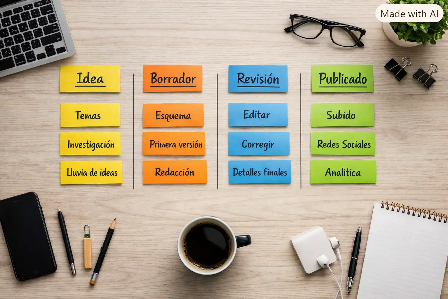 Escritorio visto desde arriba con notas post‑it en columnas de idea, borrador, revisión y publicado.