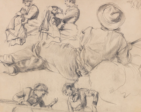 Figurenstudien Nähende Frau Liegender Mann Junge Frau 1870 1880