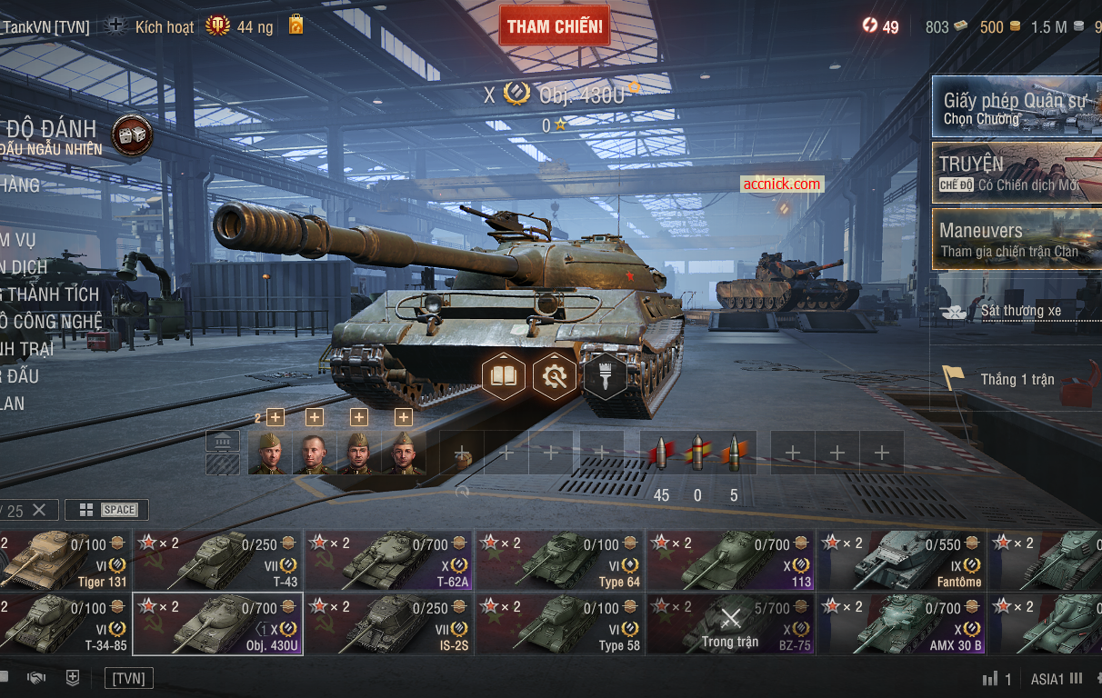 Acc World of Tanks PC gồm 6 tank X BZ-75, 113, Obj 430U, T-6...