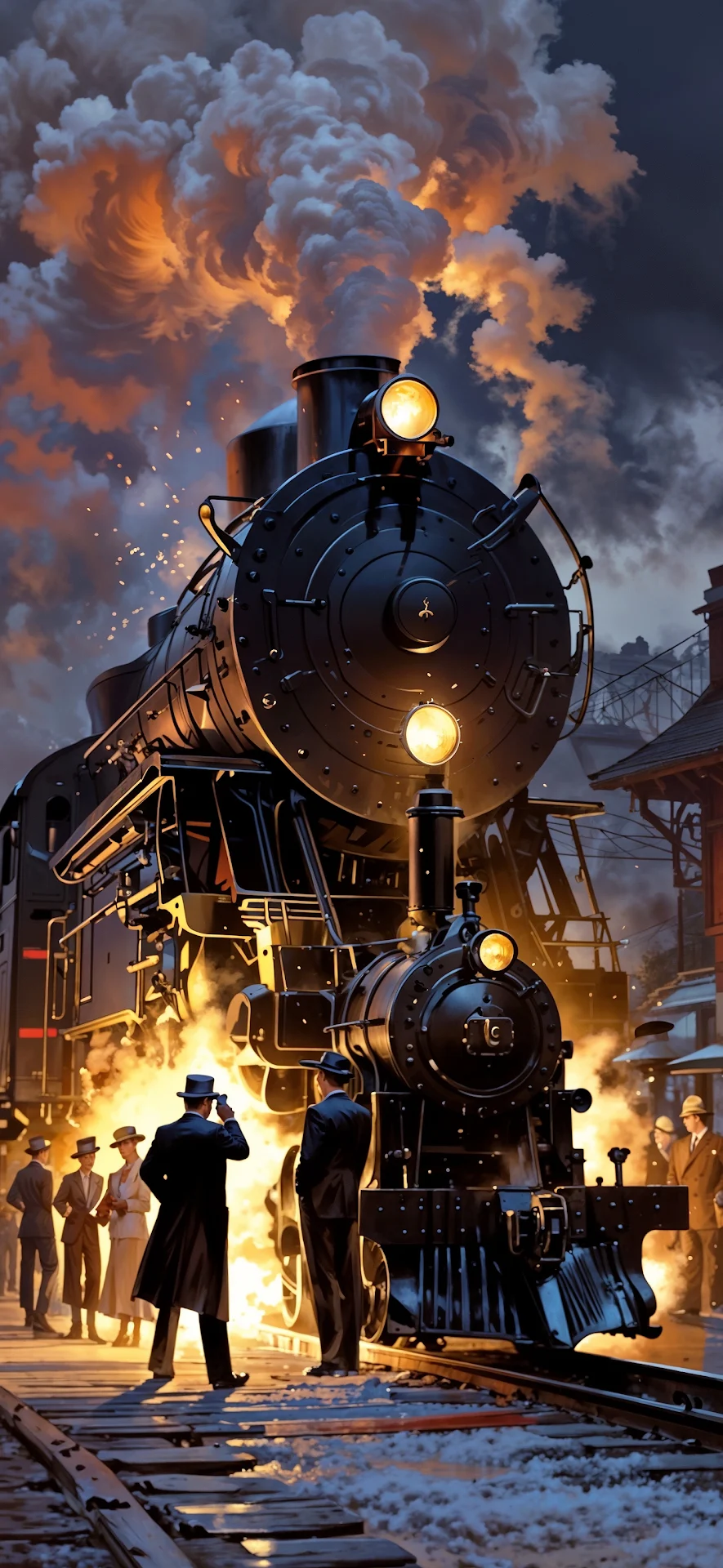 Steam Train at Sunset with Passengers on Snowy Platform - Free 4K mobile Wallpaper