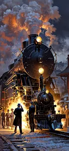 Steam Train at Sunset with Passengers on Snowy Platform