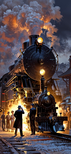 Steam Train at Sunset with Passengers on Snowy Platform - Free mobile Wallpaper
