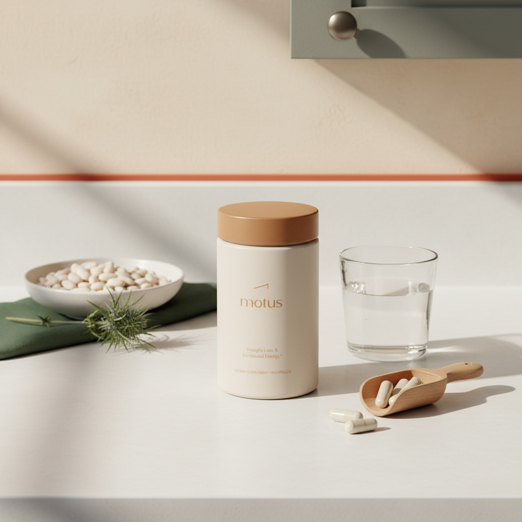 Tonum Motus supplement jar on a white ceramic kitchen counter beside a measuring scoop, glass of water, bowl of white beans and milk thistle — minimalist lifestyle shot for carb blocker supplements.