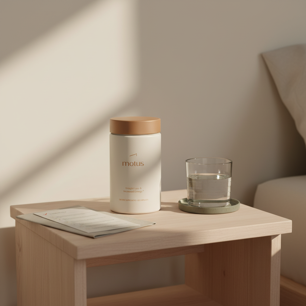 Motus supplement bottle on a wooden bedside table with a glass of water and folded routine checklist in Tonum palette, minimalist health scene — is there a pill form of Ozempic