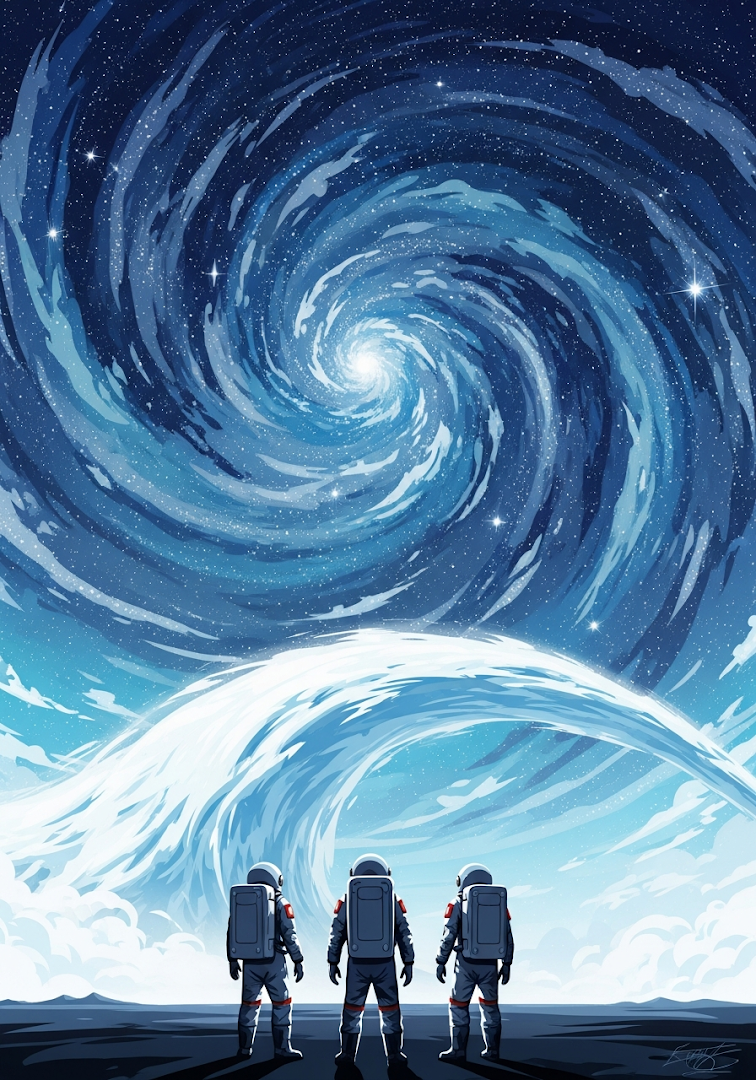 Astronauts Facing Giant Wave Cosmic Swirl Sky Art