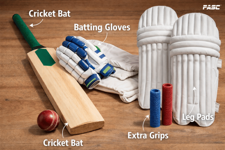 Cricket bat along with other cricket accessories