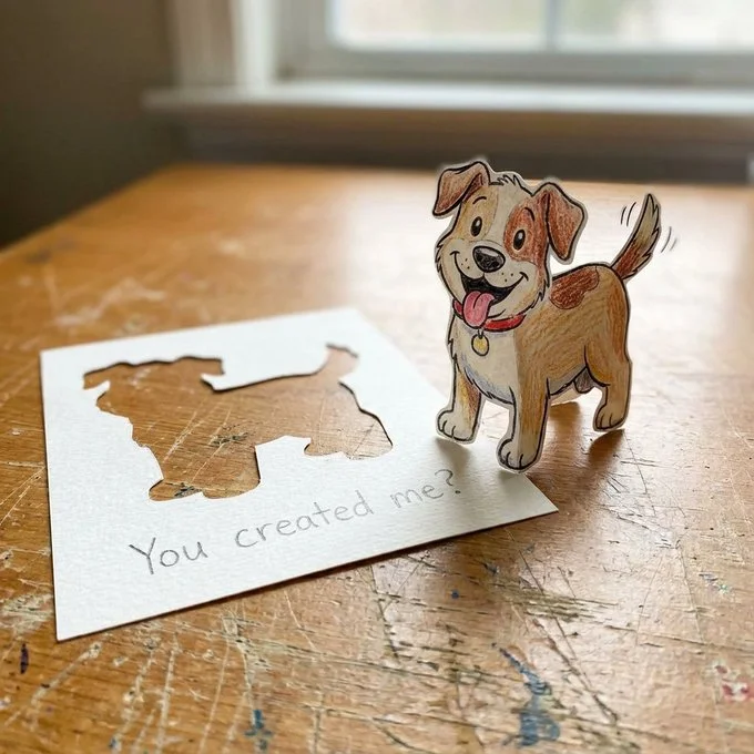 Figura de perro de papel hecha a mano, de estilo caprichoso, sobre un escritorio de madera.