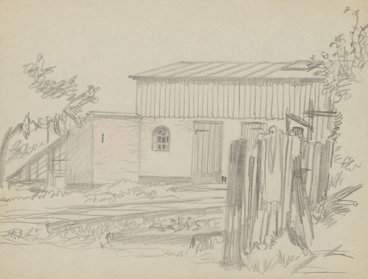 House with a dilapidated fence in the foreground 1895 1928