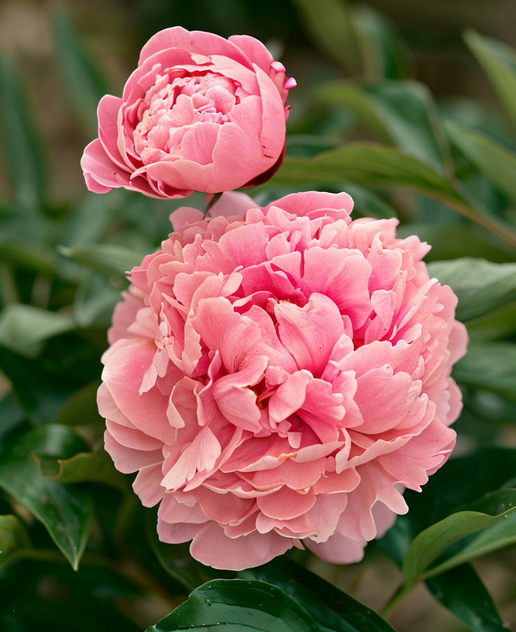 Paeonia lactiflora 'Sarah Bernhardt' con fiori doppi rosa in piena fioritura in un giardino
