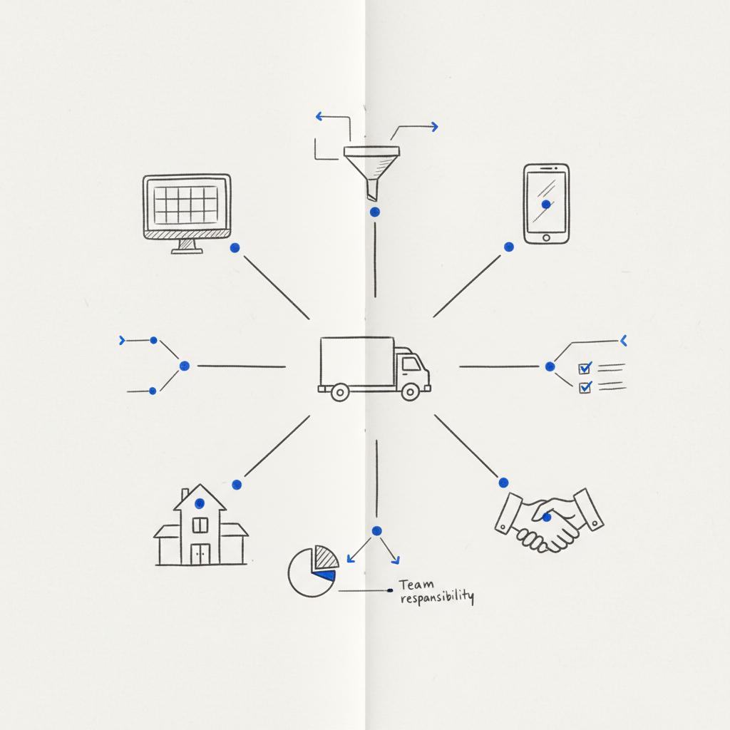 Notebook-style sketch showing truck driver recruitment touchpoints: truck icon linked to job board, smartphone social, driving school partnerships, and referrals.