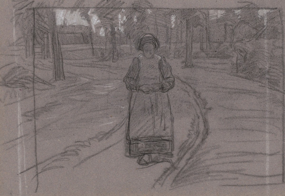 Boerenvrouw op een pad in een boomrijke omgeving 1874   1925
