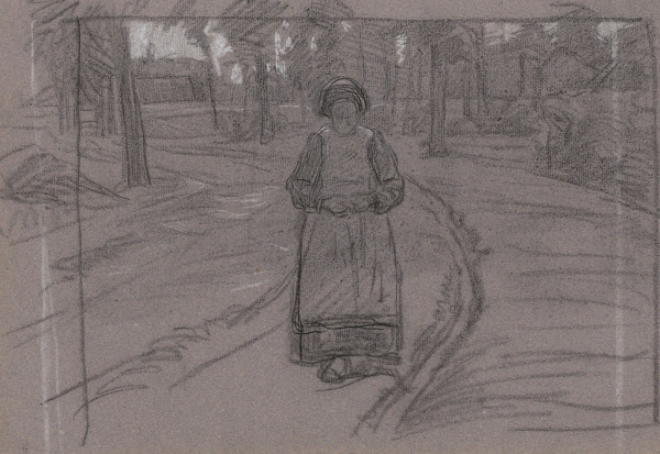 Boerenvrouw op een pad in een boomrijke omgeving 1874   1925