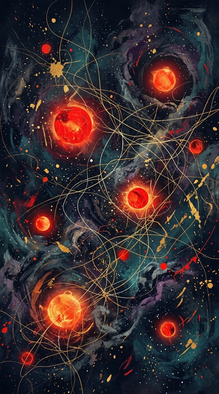 Abstract Cosmic Composition with Dark Blue Nebula Red Orbs and White Lines - Free 4K mobile Wallpaper