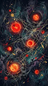 Abstract Cosmic Composition with Dark Blue Nebula Red Orbs and White Lines