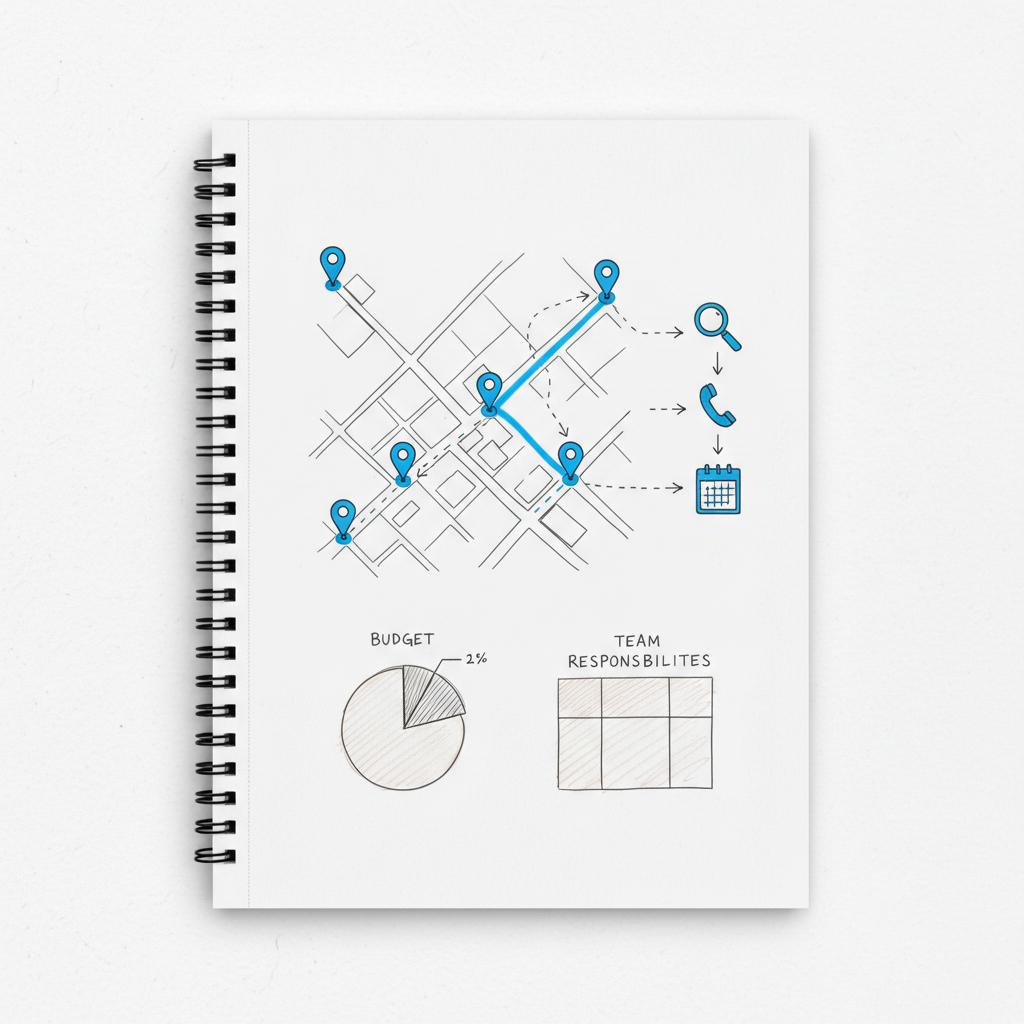 How do doctors advertise? Minimalist notebook-style map sketch showing clinic pins, directional arrows and booking icons (search, phone, calendar) with blue #1a5bfb accents on white background.