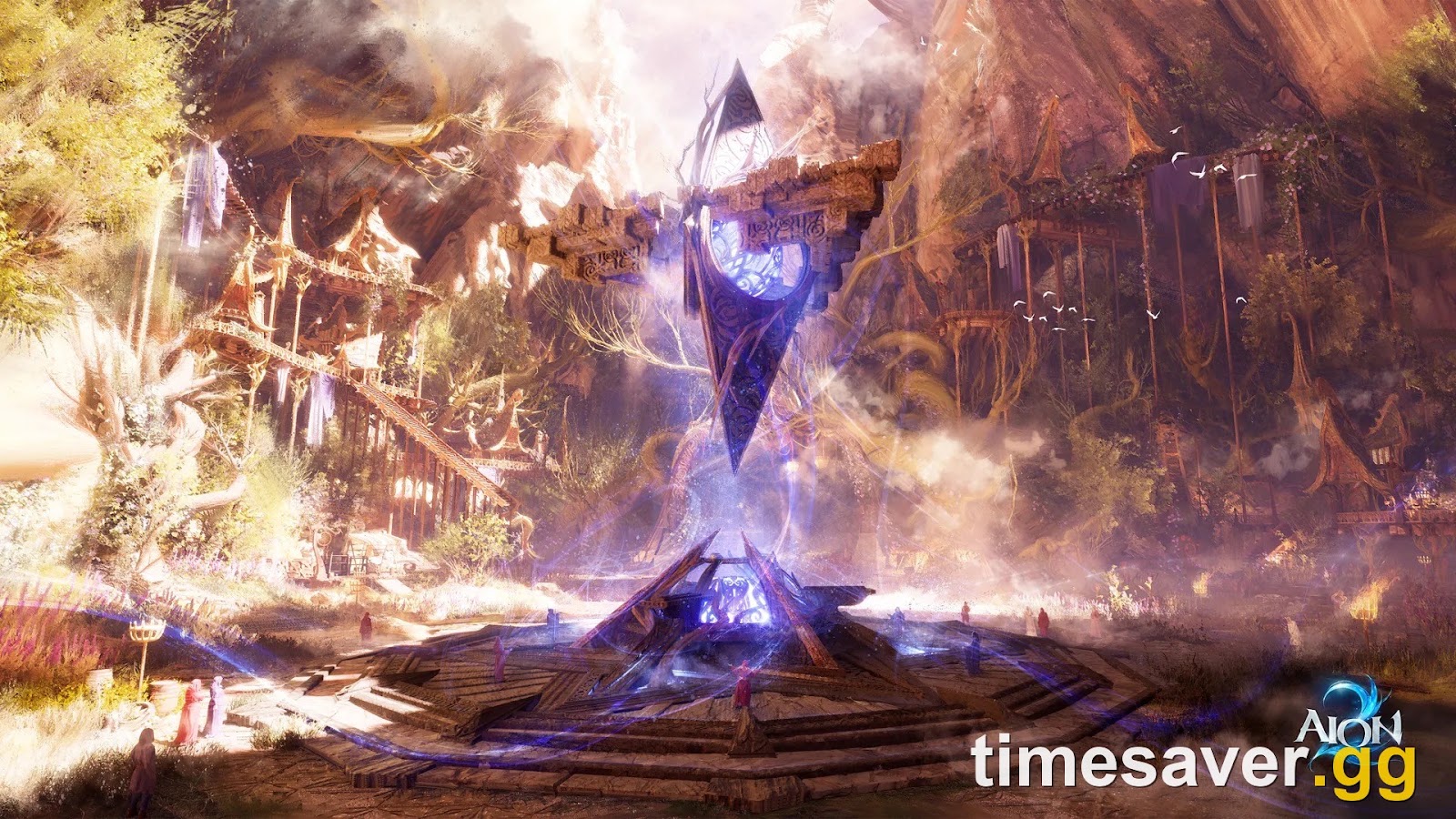 An AION 2 settlement around a floating magical structure — test your macro in real content before trusting it.