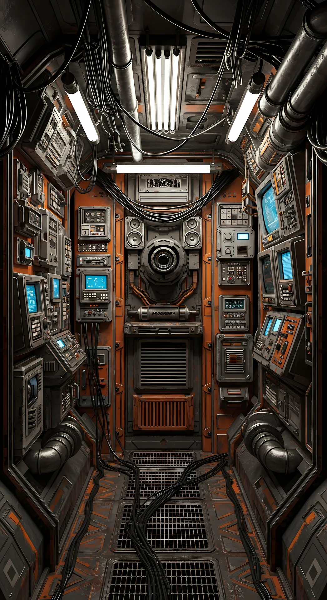 Grungy Sci-Fi Ship Control Room Corridor Interior - Free 4K mobile Wallpaper