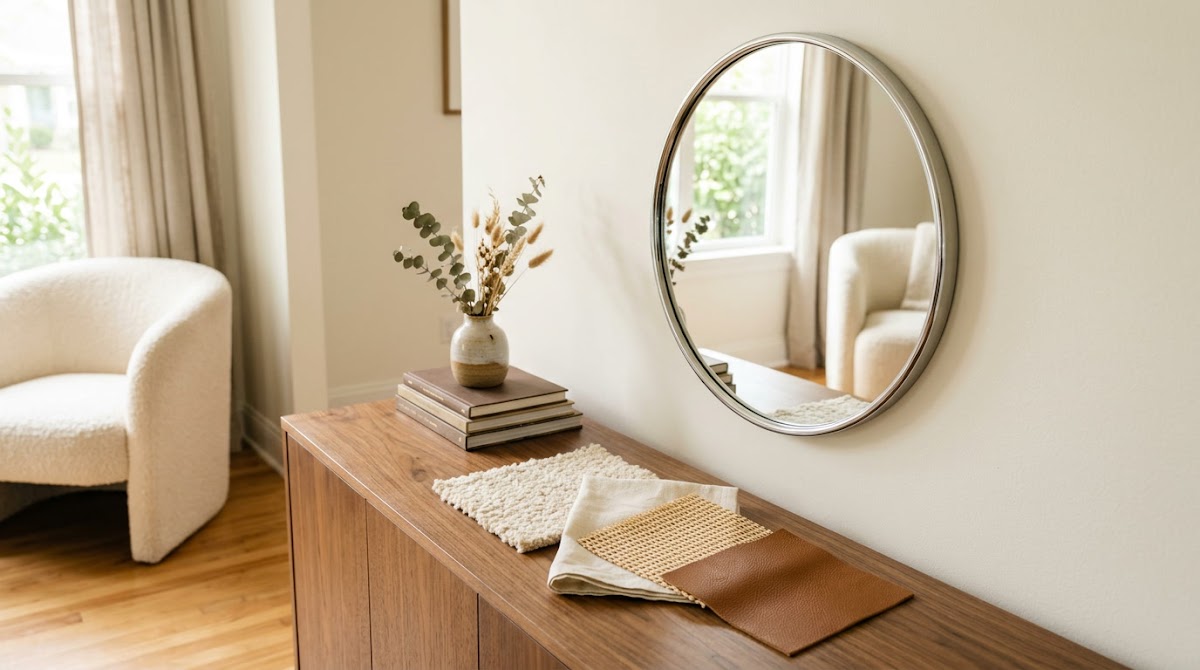 How to Use Chrome Mirrors to Make Small Rooms Feel Brighter - small apartment chrome furniture measured beside warm wood storage