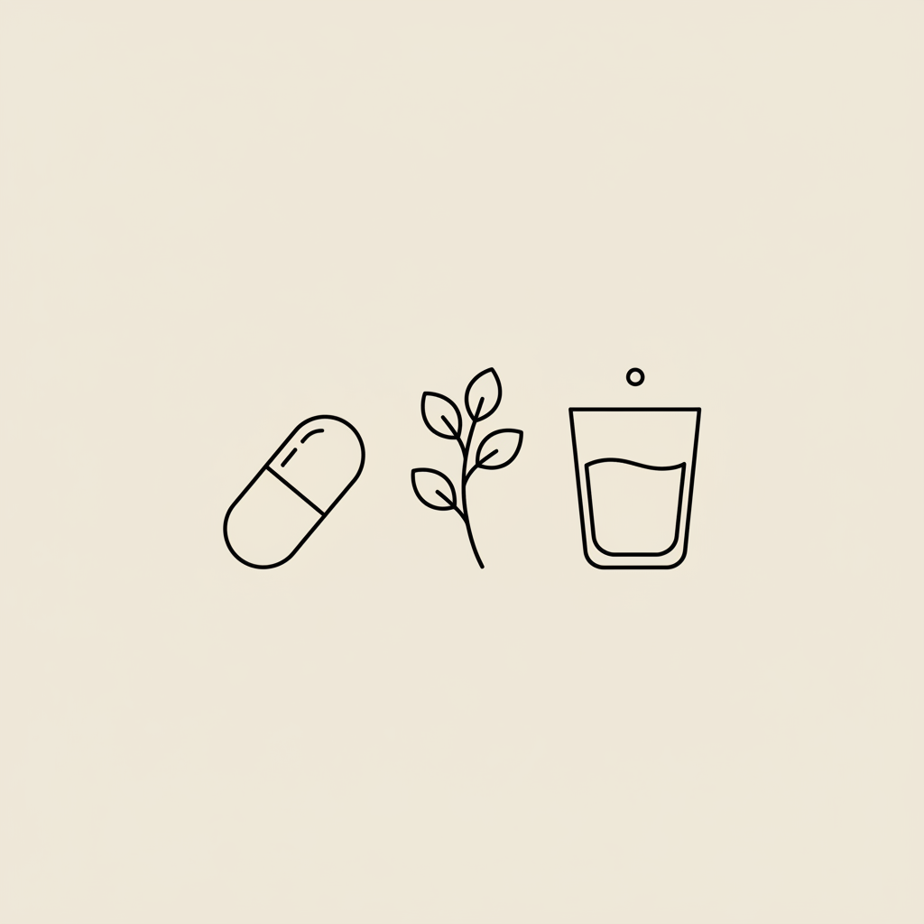 Minimalist Tonum-style line illustration of a capsule, a sprig of leaves and a glass of water representing magnesium glycinate supplementation and hydration