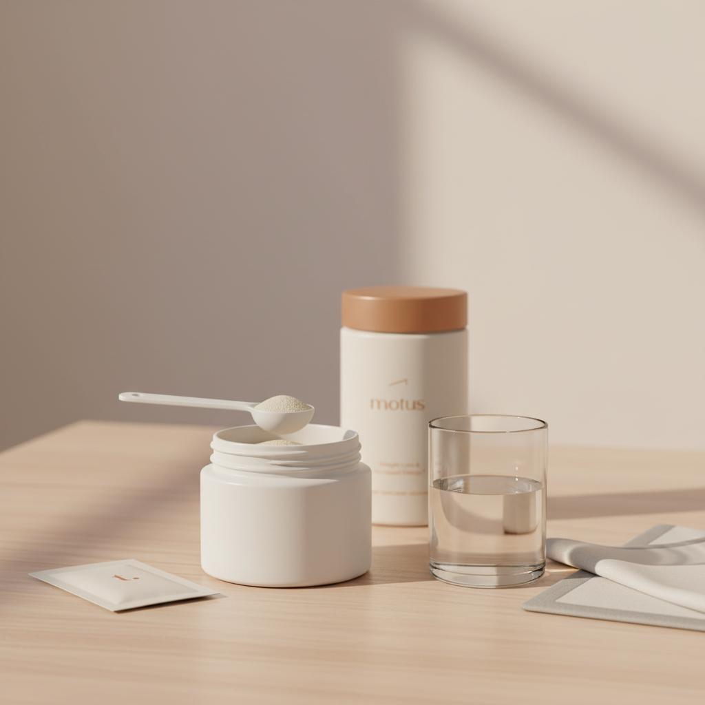 Minimalist kitchen scene: measuring spoon in jar of psyllium powder beside a half-full glass of water and Tonum container in soft focus — Metamucil daily side effects
