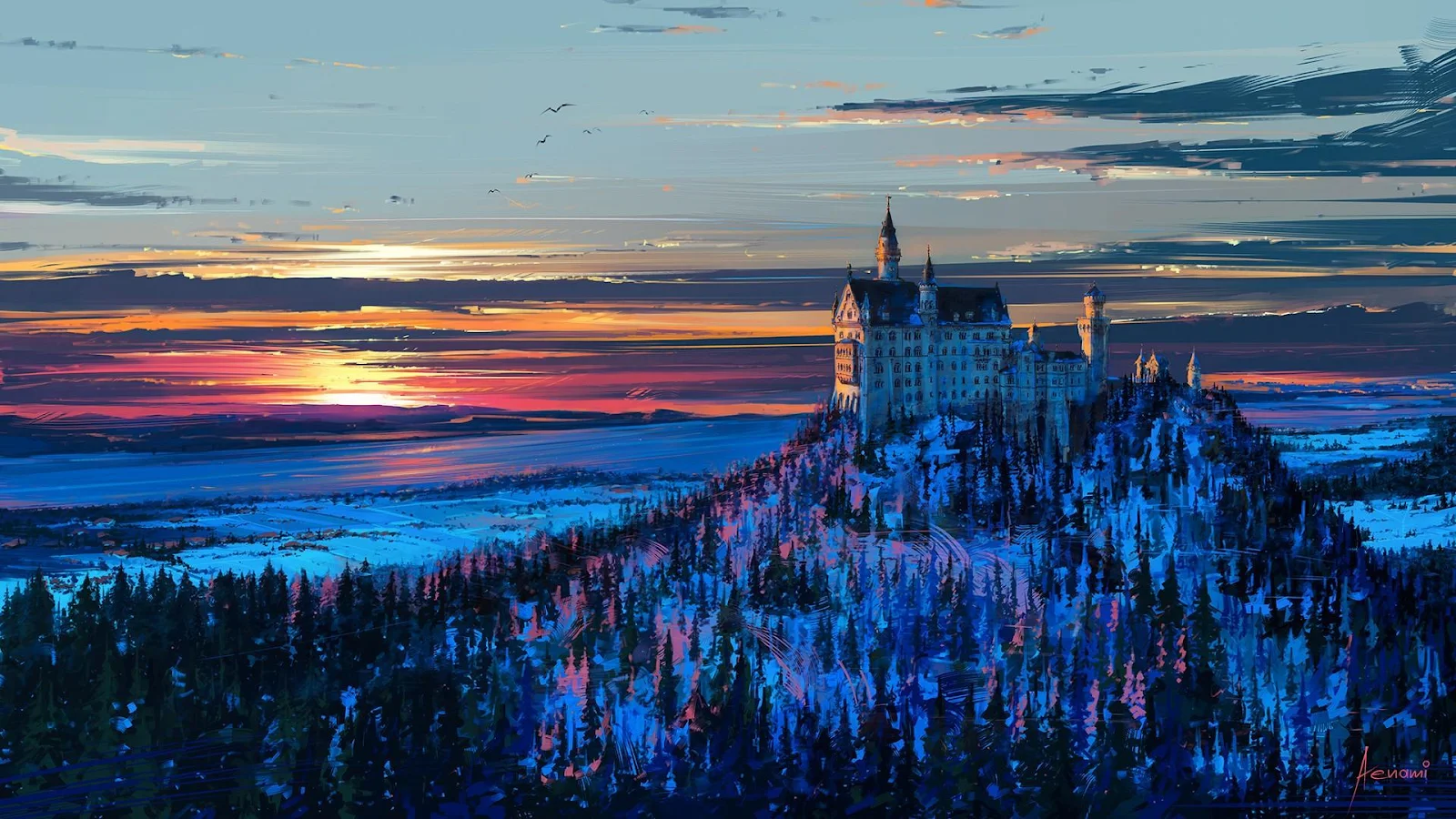 Majestic Castle Sunset Painting - Digital Landscape Art Full HD Wallpaper (1920x1080)
