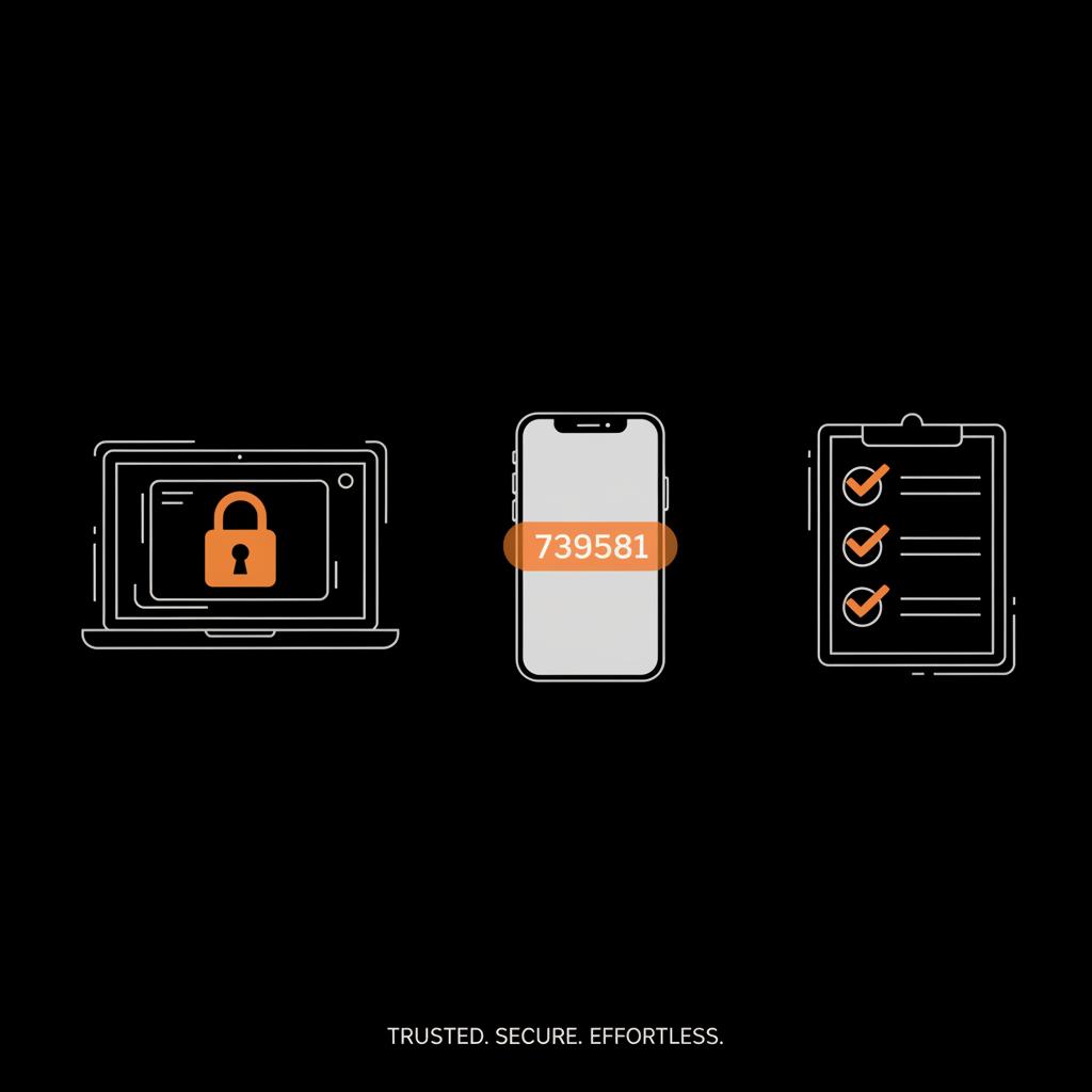 Minimal infographic of laptop with lock, phone showing verification code, and checklist on black background for Gmail account recovery
