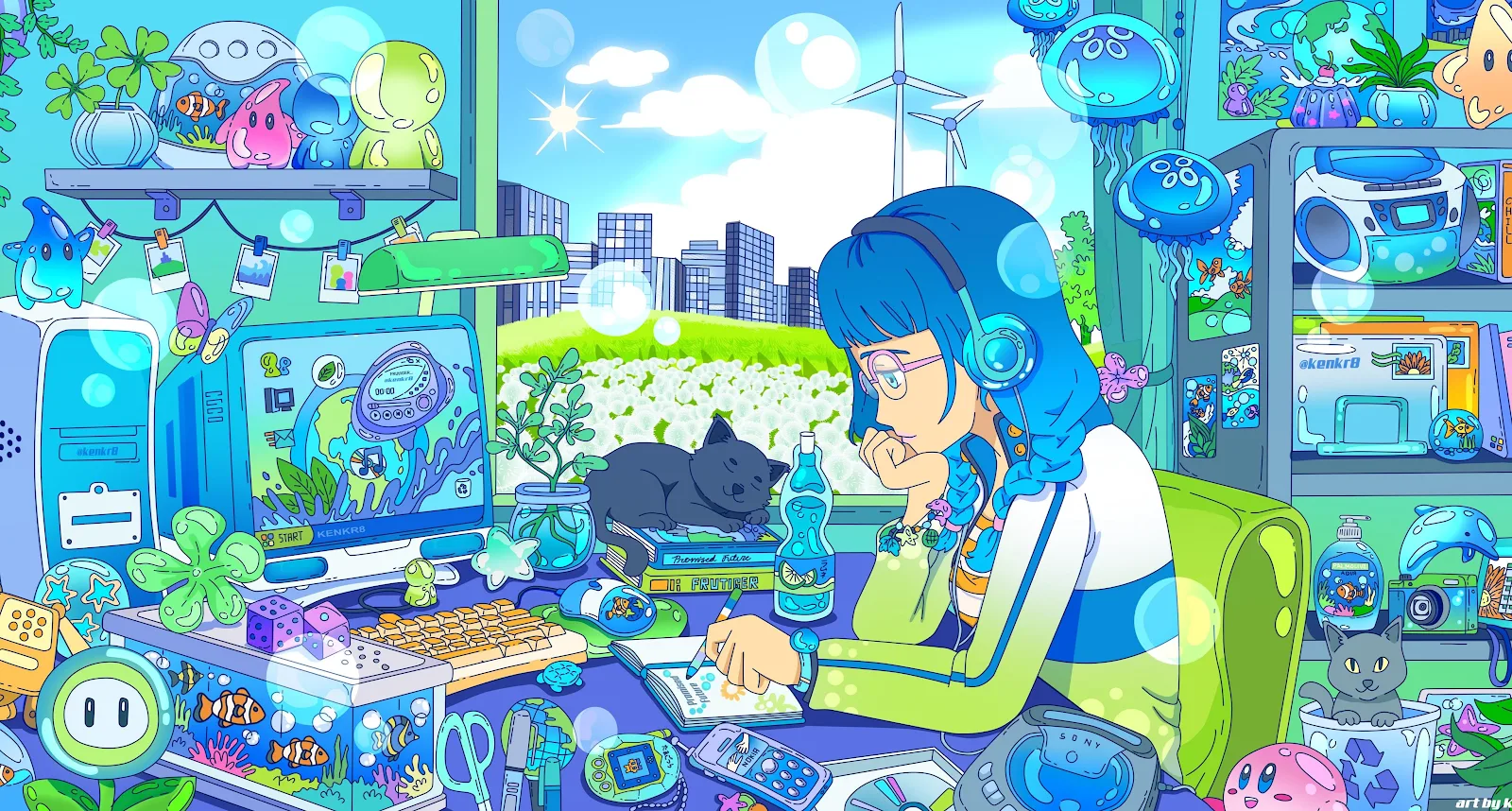Girl in Frutiger Aero Room - Digital Illustration 4K Wallpaper (4096x2196)
