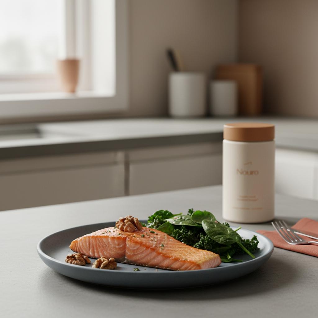 Minimalist kitchen scene with a blue-gray ceramic plate of salmon, walnuts and leafy greens and a Tonum Nouro supplement container on the counter in the background — what vitamin repairs brain cells