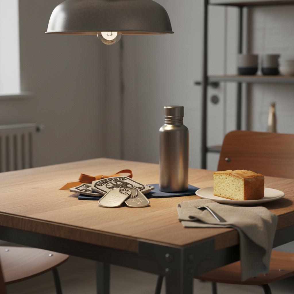 Intime Detailaufnahme Esstisch mit robusten Geschenken (gravierte Dog‑Tags, Patches, Trinkflasche) und Vanillekuchen — Interessen 14-jährige Jungen