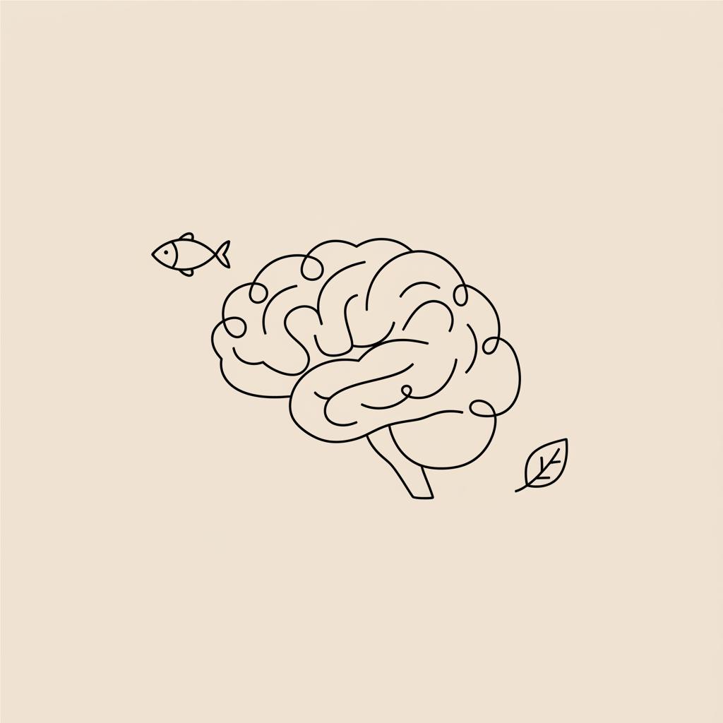 Minimal Tonum-style line illustration of an abstract brain with fish and leaf icons symbolizing omega-3 and whole foods to rebalance brain neurotransmitters.