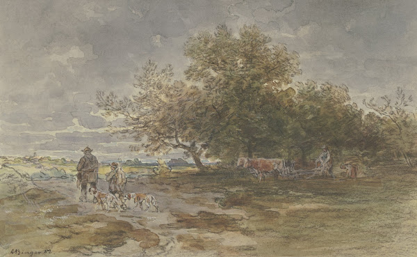 Landschaft mit Jäger und pflügendem Bauer 1882