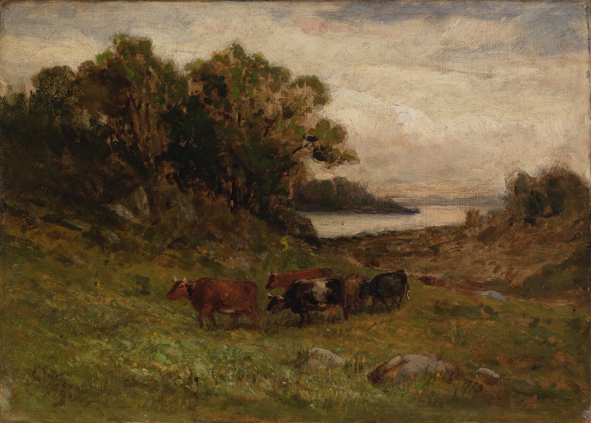 Untitled five cows grazing with trees and river in background