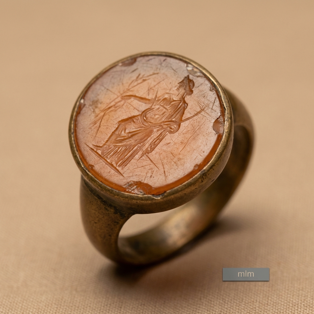 Magnified macro photograph of a roman intaglio ring face showing carved lines surface wear and a small scale indicator on warm beige background