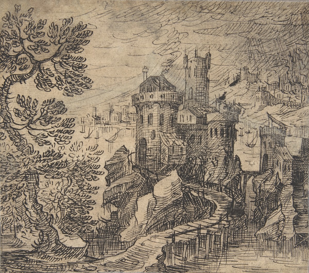 Rocky Landscape with a Castle and Bridge ca 1616