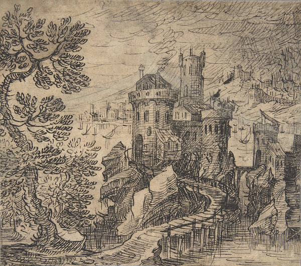 Rocky Landscape with a Castle and Bridge ca 1616