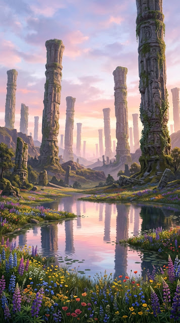 Ancient Stone Pillars Overlooking a Wildflower Lake at Dawn - Free mobile Wallpaper