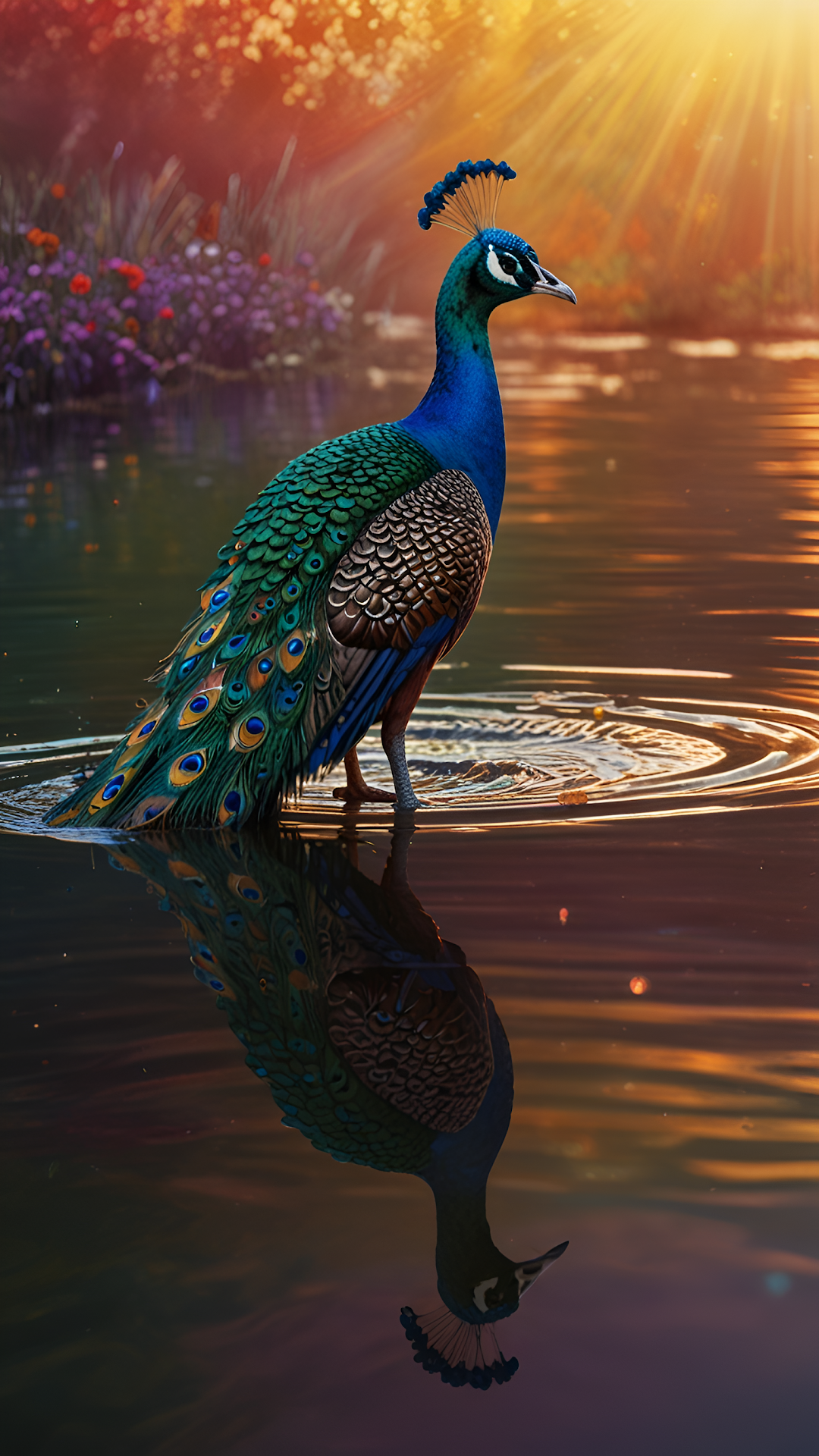 Peacock Standing in Water with Golden Sunset Reflection - Free 4K mobile Wallpaper