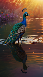 Peacock Standing in Water with Golden Sunset Reflection