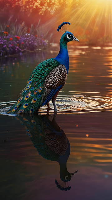 Peacock Standing in Water with Golden Sunset Reflection - Free mobile Wallpaper