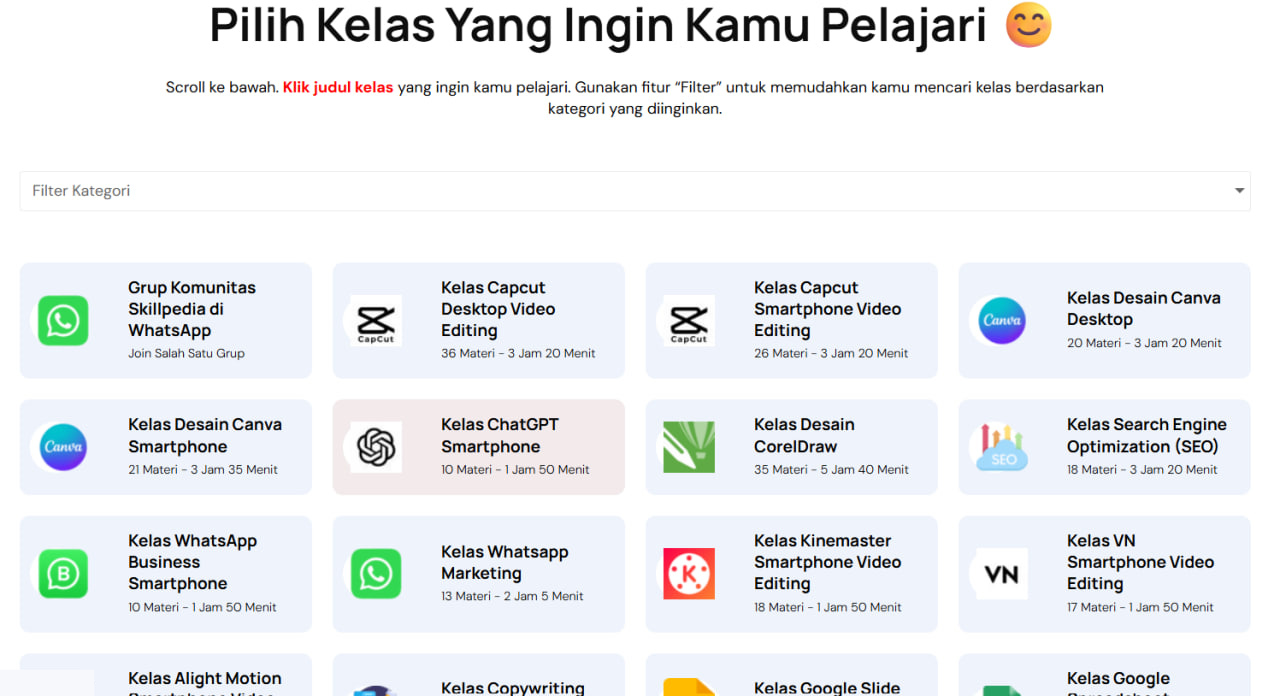 Screenshot halaman belajar Kelaskill