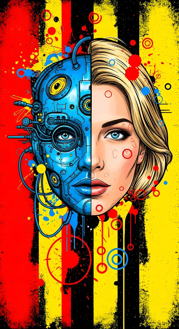 Cyberpunk Pop Art Split Face Human Robot Illustration