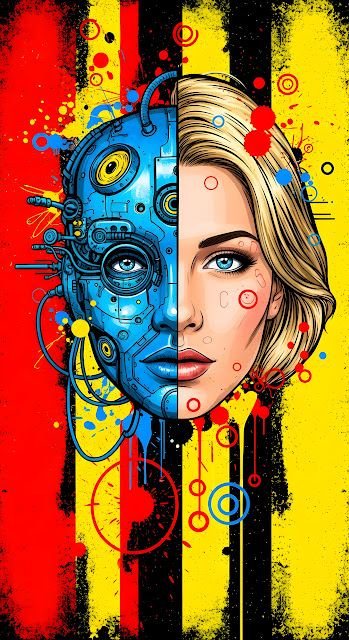 Cyberpunk Pop Art Split Face Human Robot Illustration - Free mobile Wallpaper