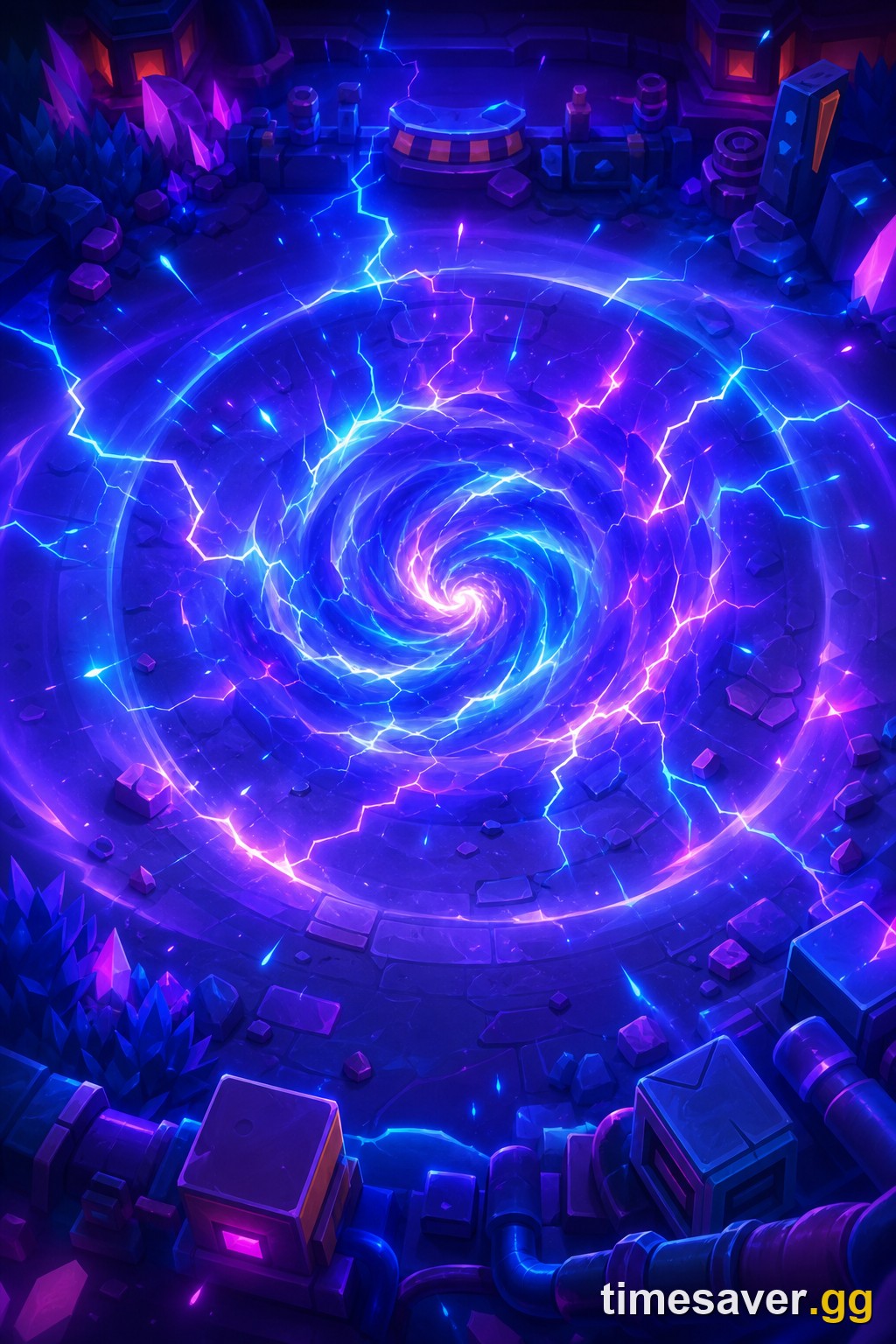 A swirling vortex of blue and violet Hypercharge energy radiating a shockwave across a Brawl Stars arena floor