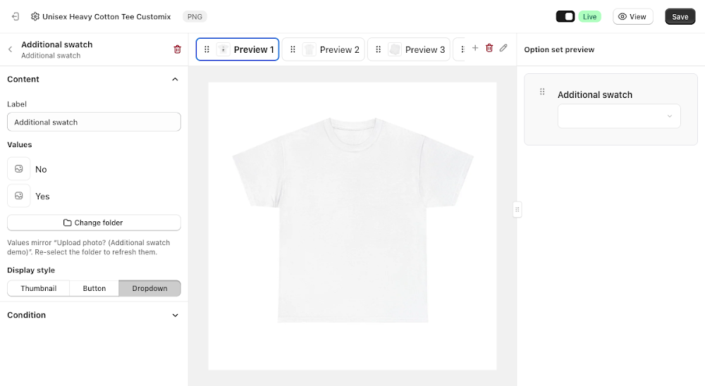 Option set preview showing the Dropdown display style as a select menu