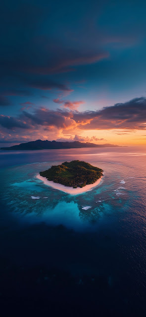 Tropical Island Sunset Aerial View Turquoise Ocean - Free mobile Wallpaper