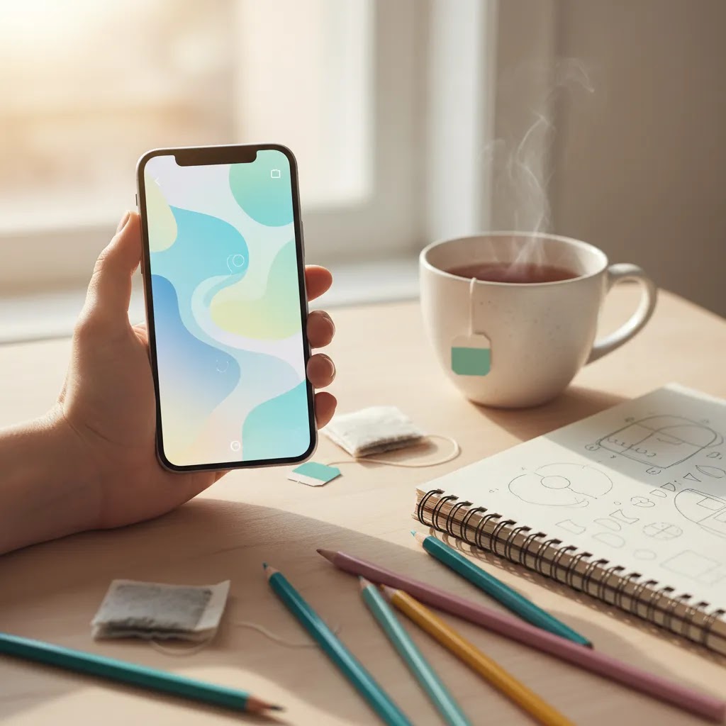 Mental health counselor in Singapore support concept with art therapy app, sketchbook, and calming creative tools